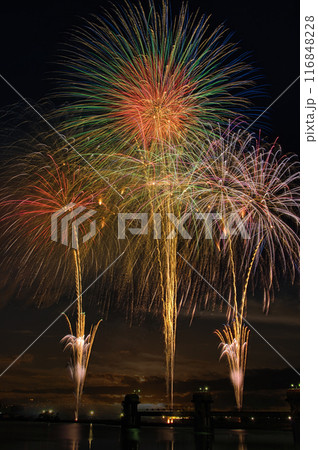 夜空に咲く花火　高く輝く花火大会　花火　夜空　花火イメージ　花火大会 116848228
