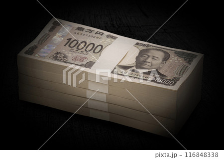 斜めのアングルで撮影した日本の新紙幣。500万円の束のネガティブなイメージ 116848338