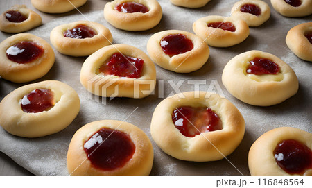 Czech kolache with raspberry is a traditional pastry featuring a soft, sweet dough filled with tangy raspberry, perfect for breakfast, dessert, or a delightful snack. AI Generated 116848564