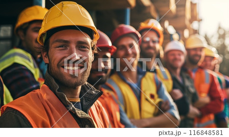 Group of workers wearing helmets and protective gear stand together and smiling happily. Their camaraderie and cheerful demeanor reflect a positive and supportive work environment. AI Generated 116848581