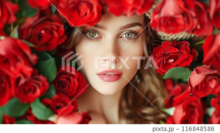 Beautiful woman is surrounded by large red roses, creating a captivating and mysterious ambiance. Her presence  framed by the flowers exudes allure and charm. AI Generated 116848586