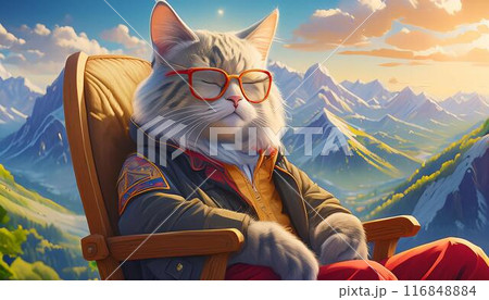 イスで居眠りするグランドファーザー猫	 116848884