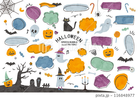 ハロウィンの吹き出しの水彩画風イラストセット 116848977