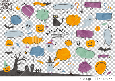 ハロウィンの吹き出しの水彩画風イラストセット 116848977
