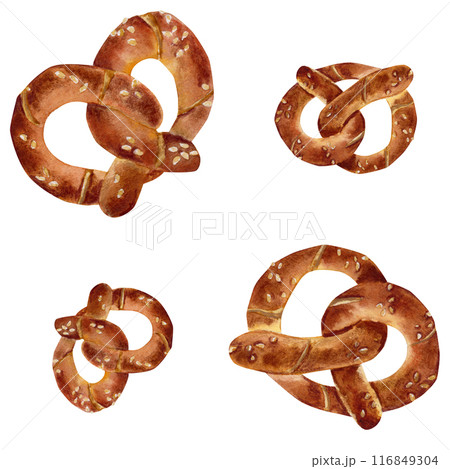 Watercolor hand drawn pattern with pretzels on white background 116849304