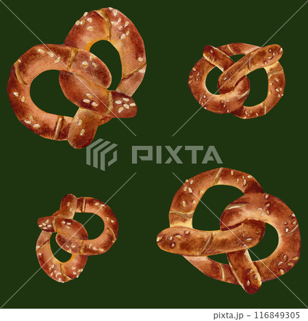 Watercolor hand drawn pattern with pretzels on dark green background 116849305