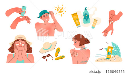Sunscreen SPF protection. Applying sunscreen to skin Sun UV Sunscreen SPF protection. Applying sunscreen to skin Sun UV 116849333