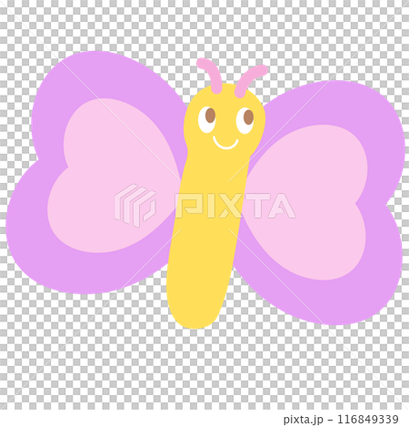 Illustration of happy butterfly for animal, spring, summer, flower, floral print, cartoon character, comic, mascot, cute patches, brooch, shirt print, plush toy, kid doll, nature, garden, blossom, ads 116849339