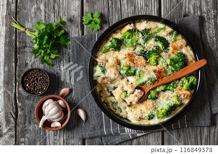 Chicken Divan with broccoli and panko, top view Chicken Divan with broccoli and panko, top view 116849378