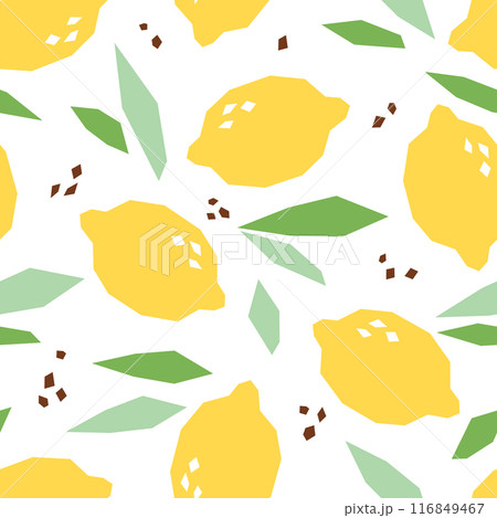 Lemon cartoon seamless pattern. Tropical fruits background isolated on white. Lemons with leaves and abstract element geometric print for fabric, paper, design. Vector illustration 116849467