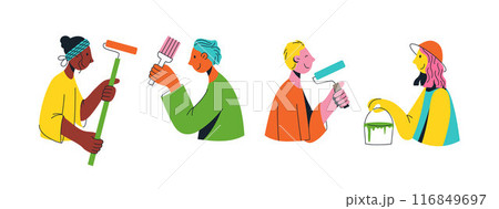 Set of multicultural team of young people. Flat vector illustration. People of different nationalities with tools for repair work. Unity in diversity. 116849697