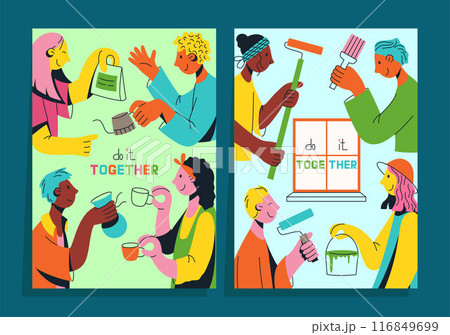 Set of posters with multicultural team of young people flat vector illustration. Unity in diversity. People are doing something together. 116849699