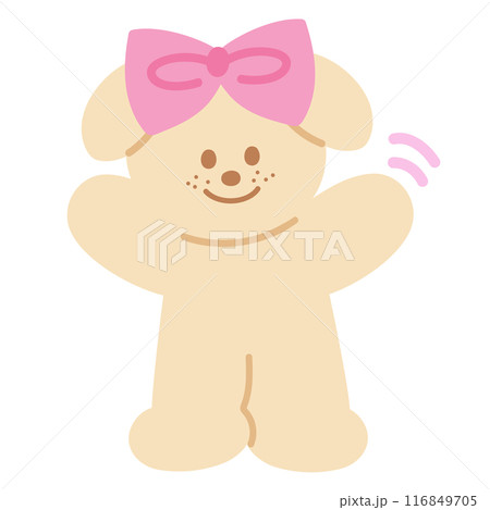Illustration of puppy with pink ribbon for cartoon character, comic, mascot, animal, dog sticker, standee, pet shop, vet, cute patches, brooch, plush toy, kid doll, adopt and rescue pet, pet accessory 116849705