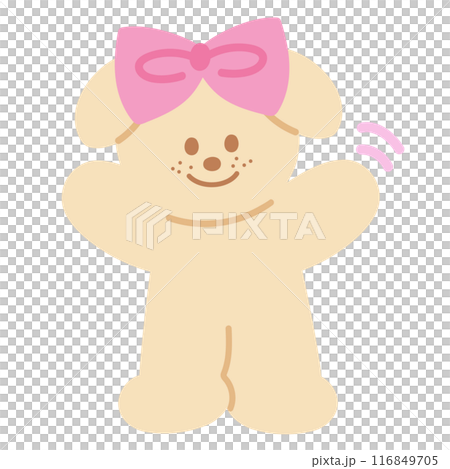 Illustration of puppy with pink ribbon for cartoon character, comic, mascot, animal, dog sticker, standee, pet shop, vet, cute patches, brooch, plush toy, kid doll, adopt and rescue pet, pet accessory 116849705