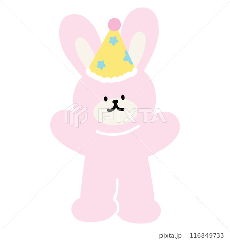 Illustration of bunny with party hat for cartoon character, comic, mascot, animal, sticker, standee, pet shop, vet, zoo, patch, brooch, plush toy, rabbit doll, easter, nature, garden, birthday card 116849733