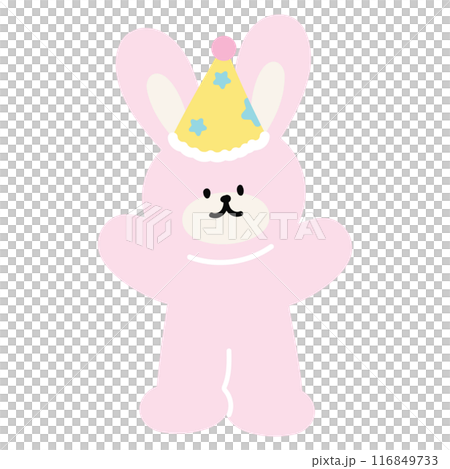 Illustration of bunny with party hat for cartoon character, comic, mascot, animal, sticker, standee, pet shop, vet, zoo, patch, brooch, plush toy, rabbit doll, easter, nature, garden, birthday card 116849733