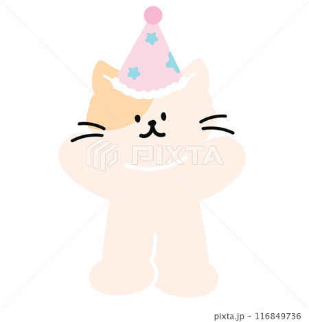 Illustration of cat with party hat for cartoon character, comic, mascot, animal, sticker, standee, pet shop, vet, cute patches, brooch, plush toy, kid doll, adopt and rescue pet, cat lover, birthday Illustration of cat with party hat for cartoon character, comic, mascot, animal, sticker, standee, pet shop, vet, cute patches, brooch, plush toy, kid doll, adopt and rescue pet, cat lover, birthday 116849736