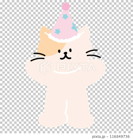 Illustration of cat with party hat for cartoon character, comic, mascot, animal, sticker, standee, pet shop, vet, cute patches, brooch, plush toy, kid doll, adopt and rescue pet, cat lover, birthday Illustration of cat with party hat for cartoon character, comic, mascot, animal, sticker, standee, pet shop, vet, cute patches, brooch, plush toy, kid doll, adopt and rescue pet, cat lover, birthday 116849736
