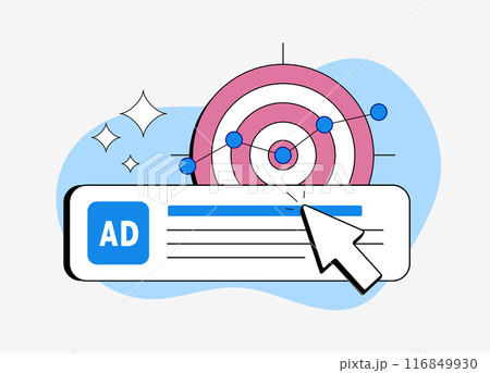 Digital marketing concept with PPC online advertising, promotion, traffic research and targeted ads with revenue chart. Pay Per Click Marketing, cursor clicks on targeted ppc ad. Vector Illustration Digital marketing concept with PPC online advertising, promotion, traffic research and targeted ads with revenue chart. Pay Per Click Marketing, cursor clicks on targeted ppc ad. Vector Illustration 116849930