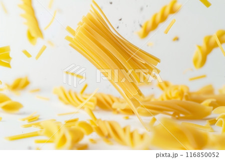 Uncooked Italian pasta falling gracefully against a white background. Generative AI 116850052