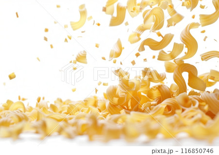 Uncooked pasta falls gracefully onto a white background, creating a beautiful, organic pattern. Generative AI Uncooked pasta falls gracefully onto a white background, creating a beautiful, organic pattern. Generative AI 116850746