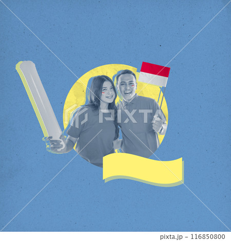 A couple holding a bat and a flag 116850800