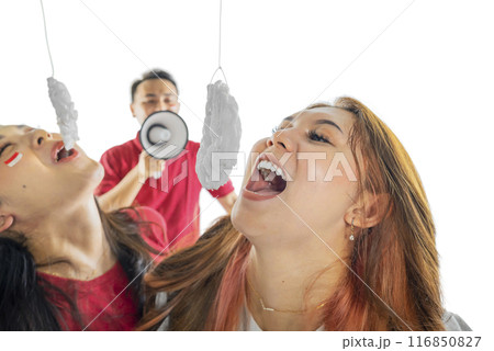 A woman is laughing while eating crackers contest 116850827