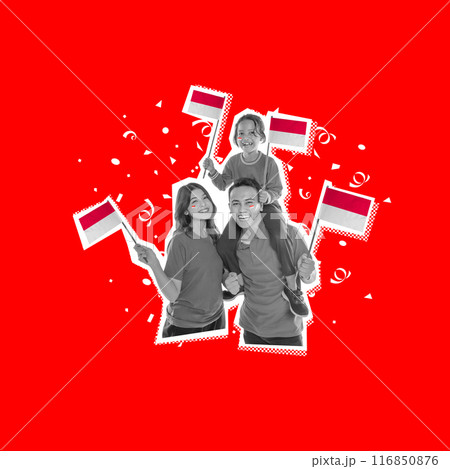 Portrait of an Indonesian family with an excited expression holding a small Indonesian flag 116850876