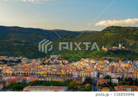 Town of Bosa and the Old Castle of Serravalle at sunset, Oristano, Sardinia 116850946