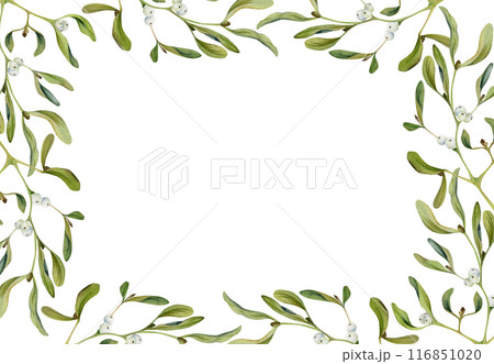 Mistletoe branches with green leaves and white berries. Watercolor hand drawn illustration, border frame isolated on white. Xmas, happy new year festive, noel navidad. Cards, gifts, florist wedding 116851020