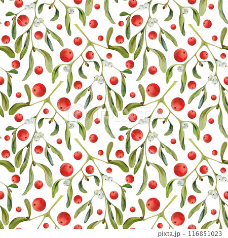Mistletoe branches with green leaves, red and white berries. Watercolor hand drawn illustration, seamless pattern isolated on white. Xmas, happy new year festive, noel navidad. Print paper, textile Mistletoe branches with green leaves, red and white berries. Watercolor hand drawn illustration, seamless pattern isolated on white. Xmas, happy new year festive, noel navidad. Print paper, textile 116851023