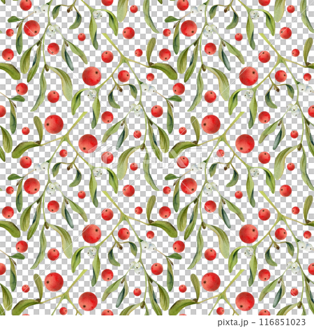 Mistletoe branches with green leaves, red and white berries. Watercolor hand drawn illustration, seamless pattern isolated on white. Xmas, happy new year festive, noel navidad. Print paper, textile Mistletoe branches with green leaves, red and white berries. Watercolor hand drawn illustration, seamless pattern isolated on white. Xmas, happy new year festive, noel navidad. Print paper, textile 116851023
