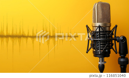 Close Up Of A Black Microphone on Yellow Background With Sound Wave. Generative AI 116851040