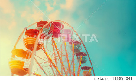 Retro Colorful Ferris Wheel At Sunny Blue Sky. Generative AI 116851041