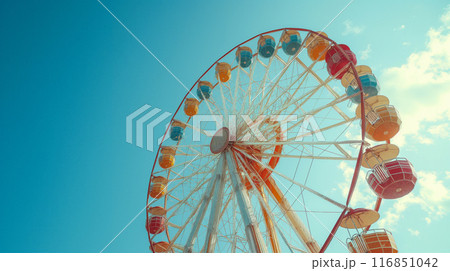 Colorful Ferris Wheel Rotating Against a Blue Sky. Generative AI 116851042