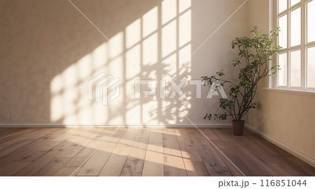 Sunlight Streaming Through Window Onto Hardwood Floor in Room With Plant. Generative AI 116851044