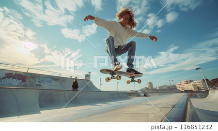 Young skateboarder performing a trick in a skate park 116851232