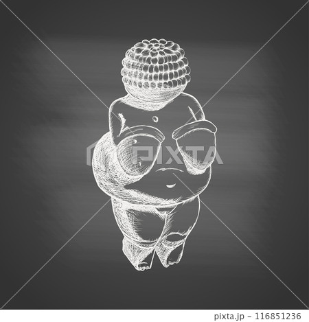 Venus of Willendorf - chalk drawing on the blackboard. Hand drawn sketch in vintage engraving style of fertility deity or mother goddess. Cultural artifact, historical heritage. Vector illustration. Venus of Willendorf - chalk drawing on the blackboard. Hand drawn sketch in vintage engraving style of fertility deity or mother goddess. Cultural artifact, historical heritage. Vector illustration. 116851236