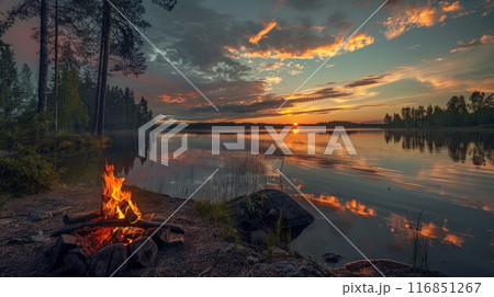 Bonfire burning near lake in finland during beautiful summer sunset 116851267