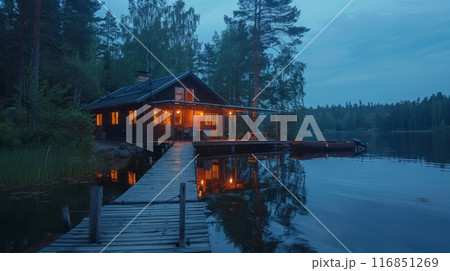 Wooden cabin reflecting on lake during blue hour in finland 116851269