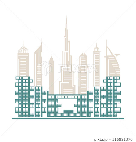 United Arab Emirates skyscrapers silhouette. Dubai buildings, hotels and symbol vector illustration. Dubai city skyline. Towers and landmarks cityscape. Camel. Design for banner, poster or print. United Arab Emirates skyscrapers silhouette. Dubai buildings, hotels and symbol vector illustration. Dubai city skyline. Towers and landmarks cityscape. Camel. Design for banner, poster or print. 116851370