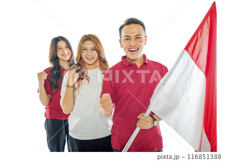 Portrait of Indonesian people with excited expressions carrying Indonesian flags 116851388