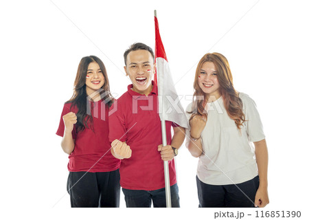 Portrait of Indonesian people with excited expressions carrying Indonesian flags 116851390