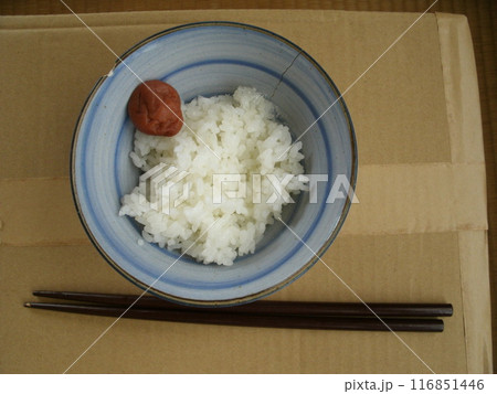 ダンボールの机で欠けた茶碗にご飯と梅干しだけの粗末な食卓 ダンボールの机で欠けた茶碗にご飯と梅干しだけの粗末な食卓 116851446