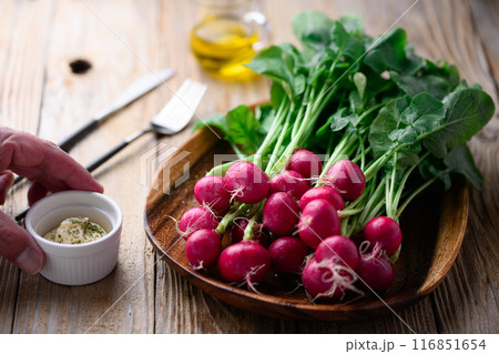 新鮮なラディッシュ （二十日大根）古板背景 116851654