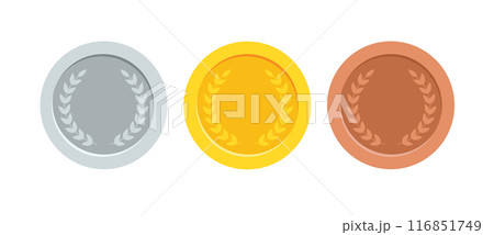 Three medal with gold madel and silver, bronze madel and red ribbon. vector illustration 116851749