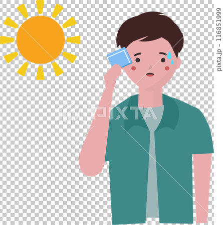 汗を拭く半袖の男性。猛暑の夏の外出。ベクターイラスト 汗を拭く半袖の男性。猛暑の夏の外出。ベクターイラスト 116851999