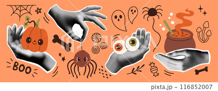 Halloween collage banner template for media design. Spooky modern cut out elements and doodles. Trendy pop art vector Halloween collage banner template for media design. Spooky modern cut out elements and doodles. Trendy pop art vector 116852007