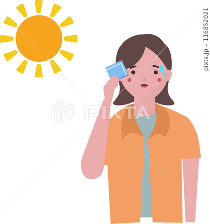 汗を拭く半袖の女性。猛暑の夏の外出。ベクターイラスト 汗を拭く半袖の女性。猛暑の夏の外出。ベクターイラスト 116852021
