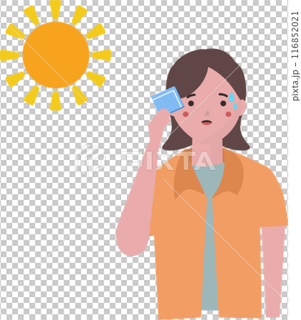 汗を拭く半袖の女性。猛暑の夏の外出。ベクターイラスト 汗を拭く半袖の女性。猛暑の夏の外出。ベクターイラスト 116852021